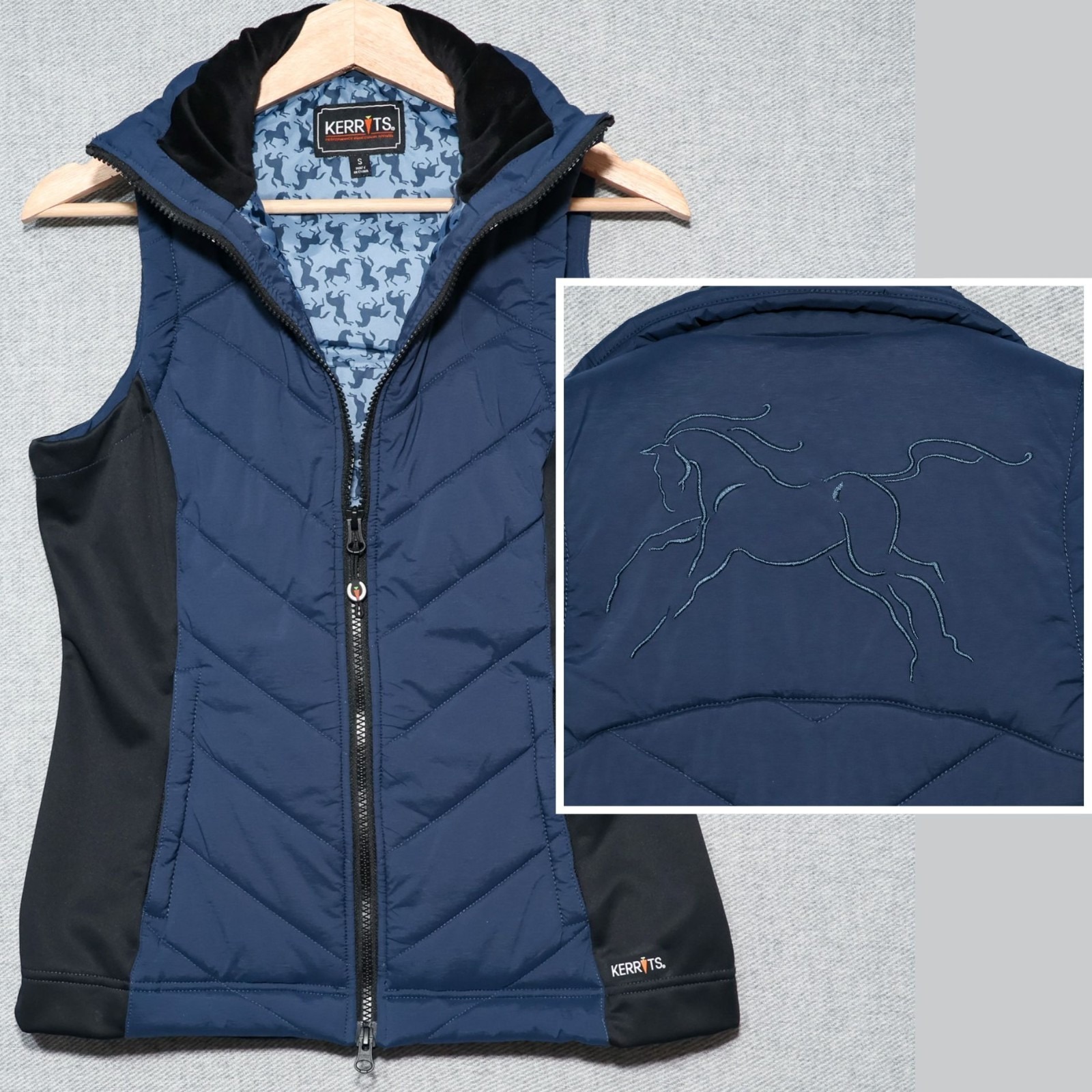 Kerrits Riding Vest Woman S Navy Blue Quilted Softshell Equestrian Embroidered